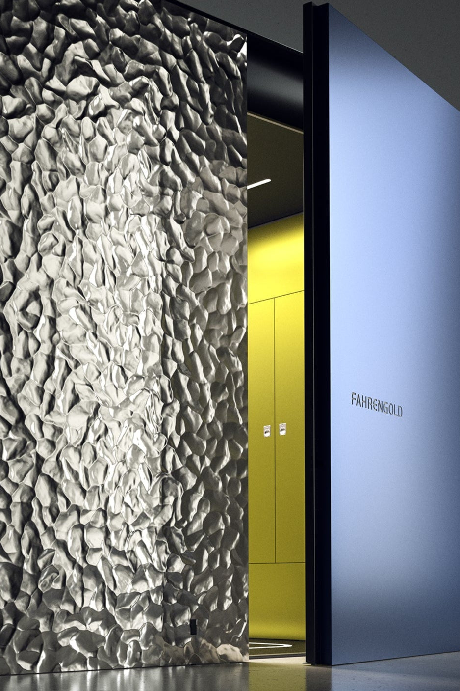 Moderner Raum mit wellenförmiger Metallwand und halb offener blauer Tür mit gelbem Inneren.