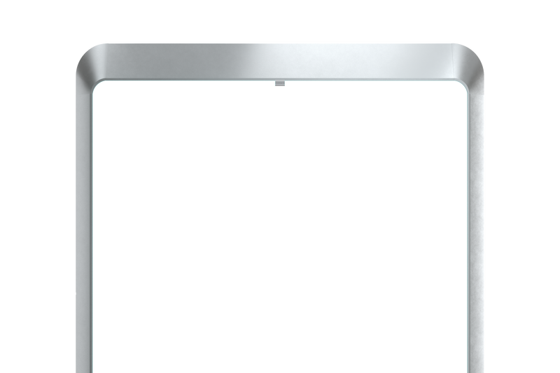 Ein gebogener, silberner Metallrahmen vor schwarzem Hintergrund.