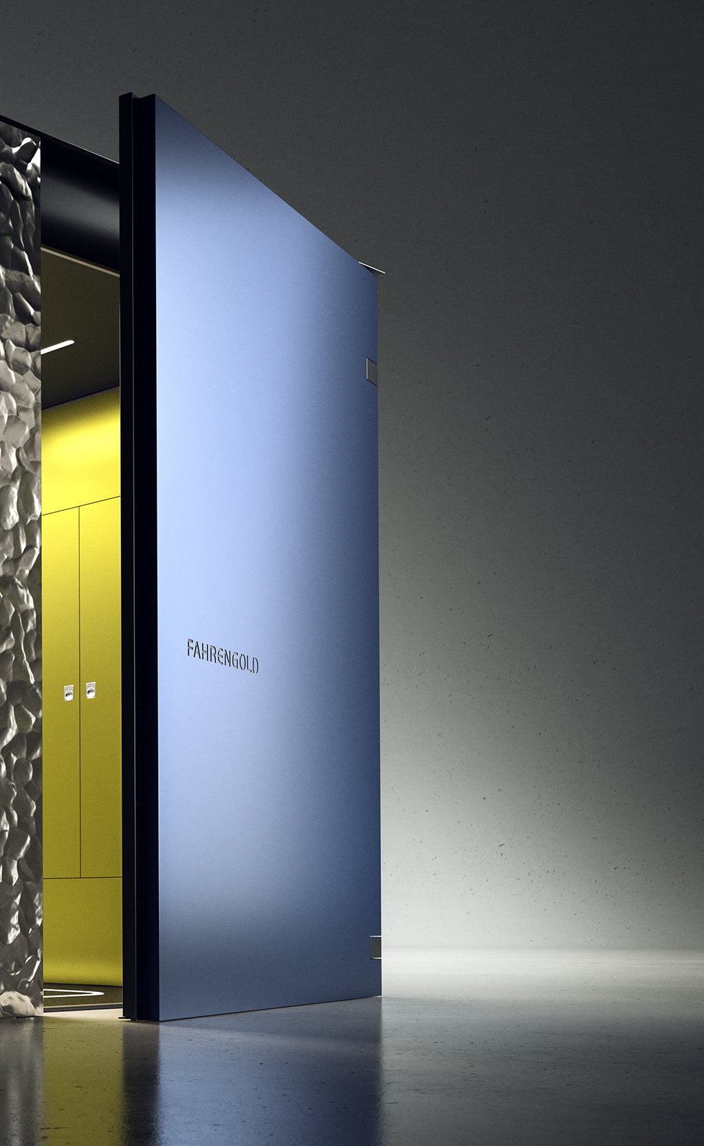 Eine große, teilweise geöffnete, blaue Tür mit der Aufschrift "FAHRENGOLD", die einen gelben Innenraum freigibt.