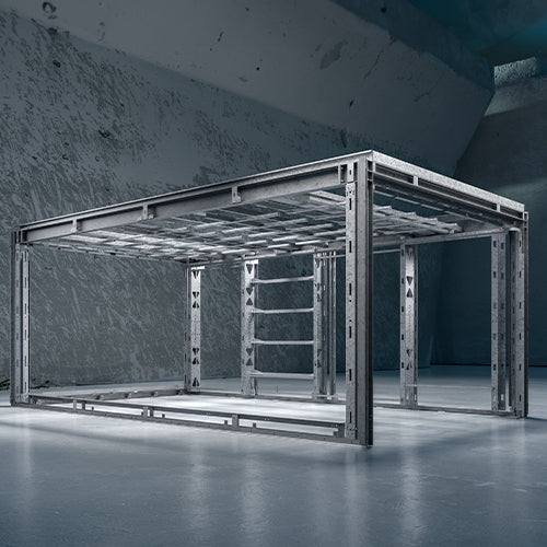 Metallrahmenkonstruktion in einem kühlen, modernen Betonraum mit blauem Licht.