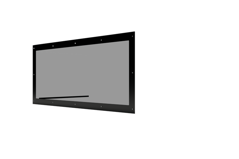 Schwarzes rechteckiges Pad für Fahrzeuge oder Garagen mit Schraubenlöchern auf schwarzem Hintergrund.