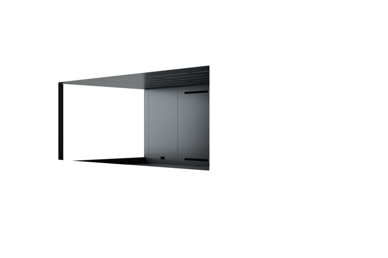 Moderner, offener Garagen-Pad mit Flachdach und Seitenwänden in dunkler Farbe auf schwarzem Hintergrund.