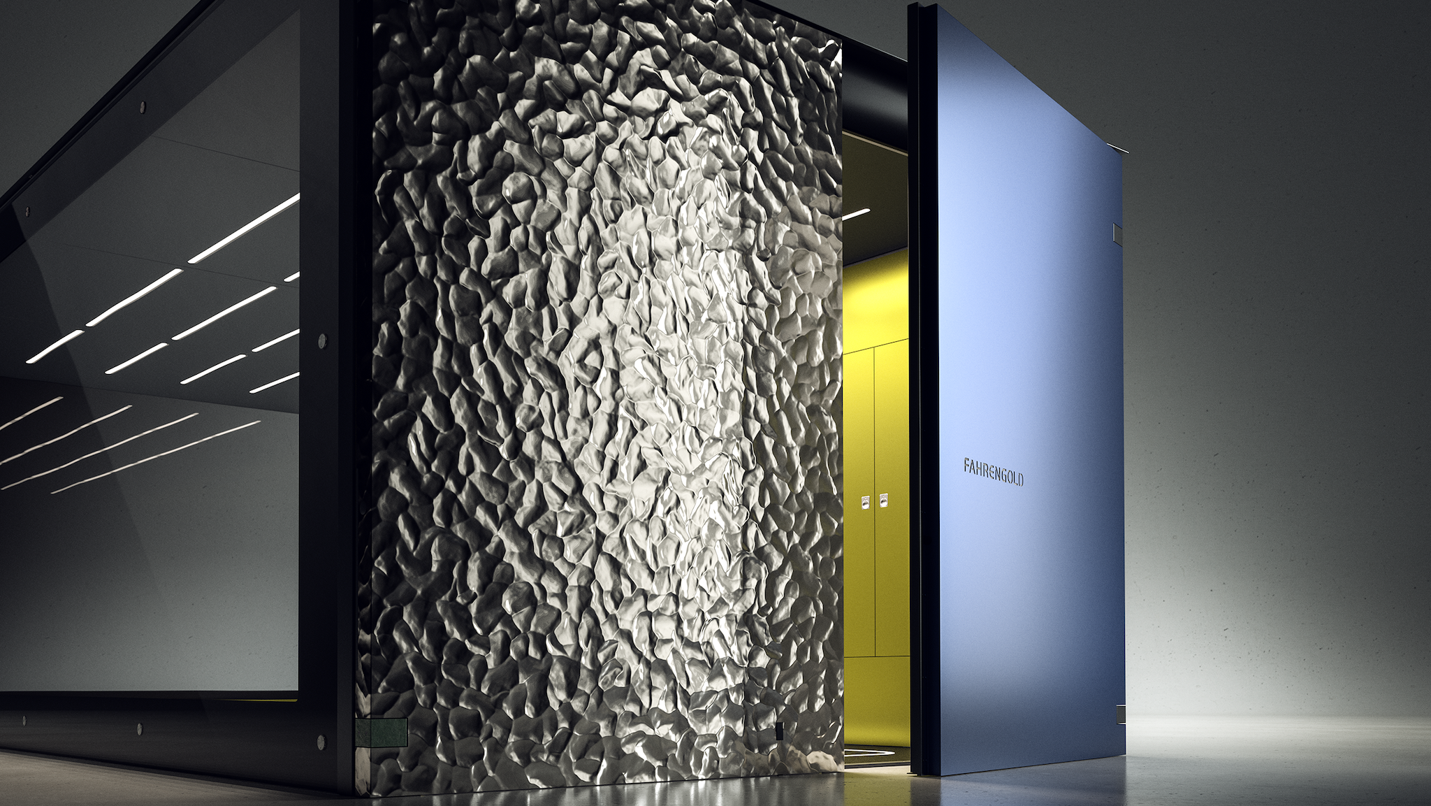 Moderner Raum mit strukturierter Wand, blauer Tür und gelbem Inneren, beschriftet mit "FAHRENGOLD".